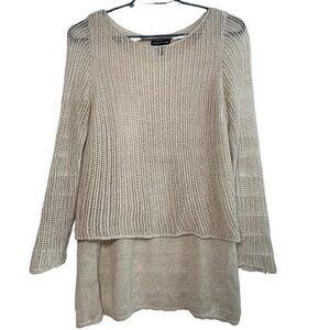 EILEEN Fisher Linen Knit Mesh Overlay Tiered Layered Sweater Size XS